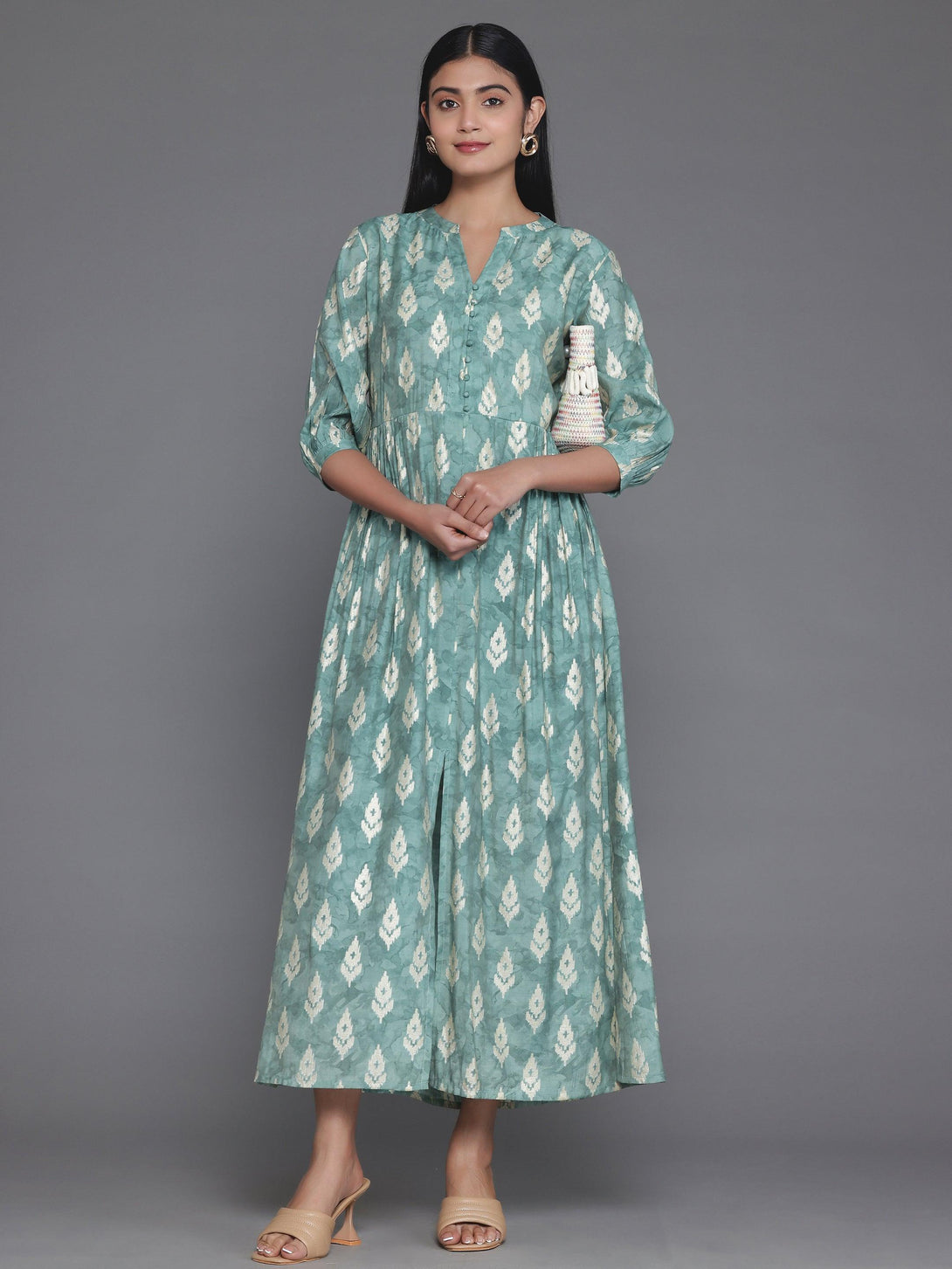 Green Printed Silk Fit and Flare Dress - Jashvi