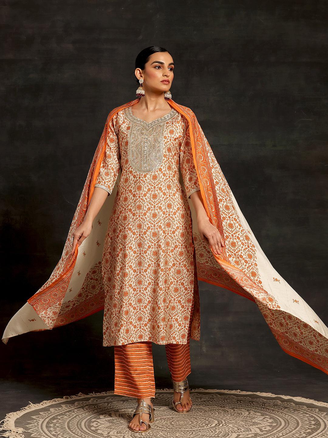 Beige Printed Silk Blend Straight Suit With Dupatta - Jashvi