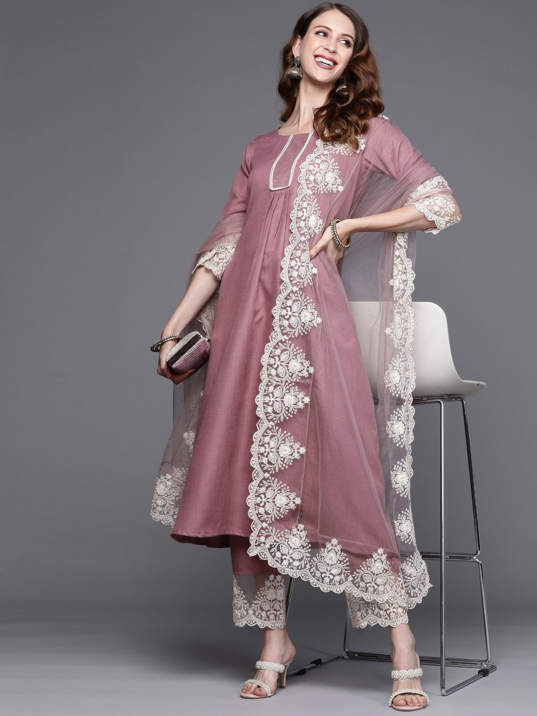 Women's Pink Anarkali Kurta And Pant Set With Dupatta - Alvami