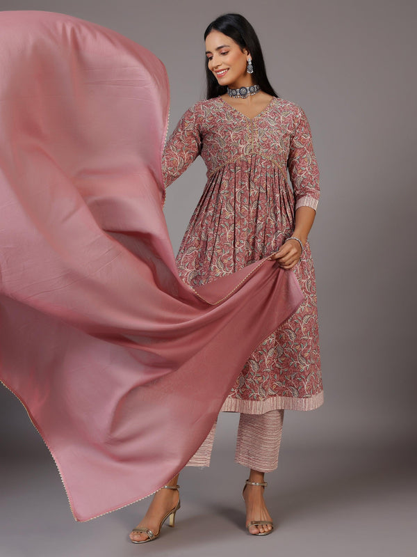 Pink Printed Cotton Anarkali Suit With Dupatta - Jashvi