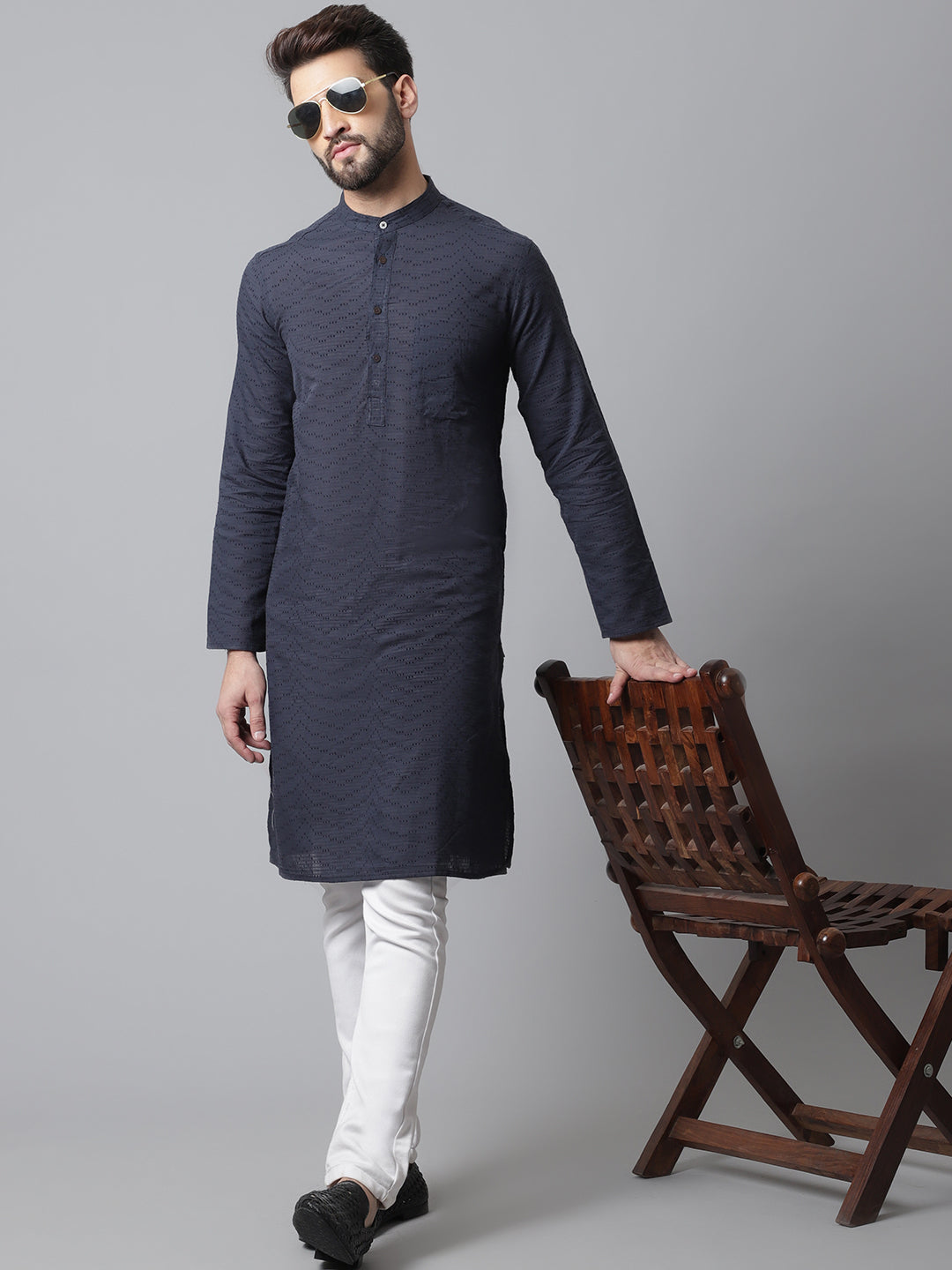 Men's Blue Pure Cotton Kurta With Band Collar - Even Apparels