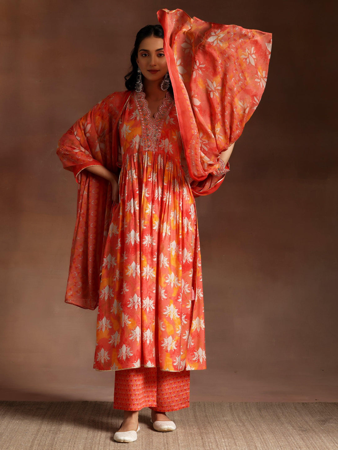 Saanjh Orange Printed Silk Blend A-Line Kurta With Palazzos & Dupatta - Jashvi