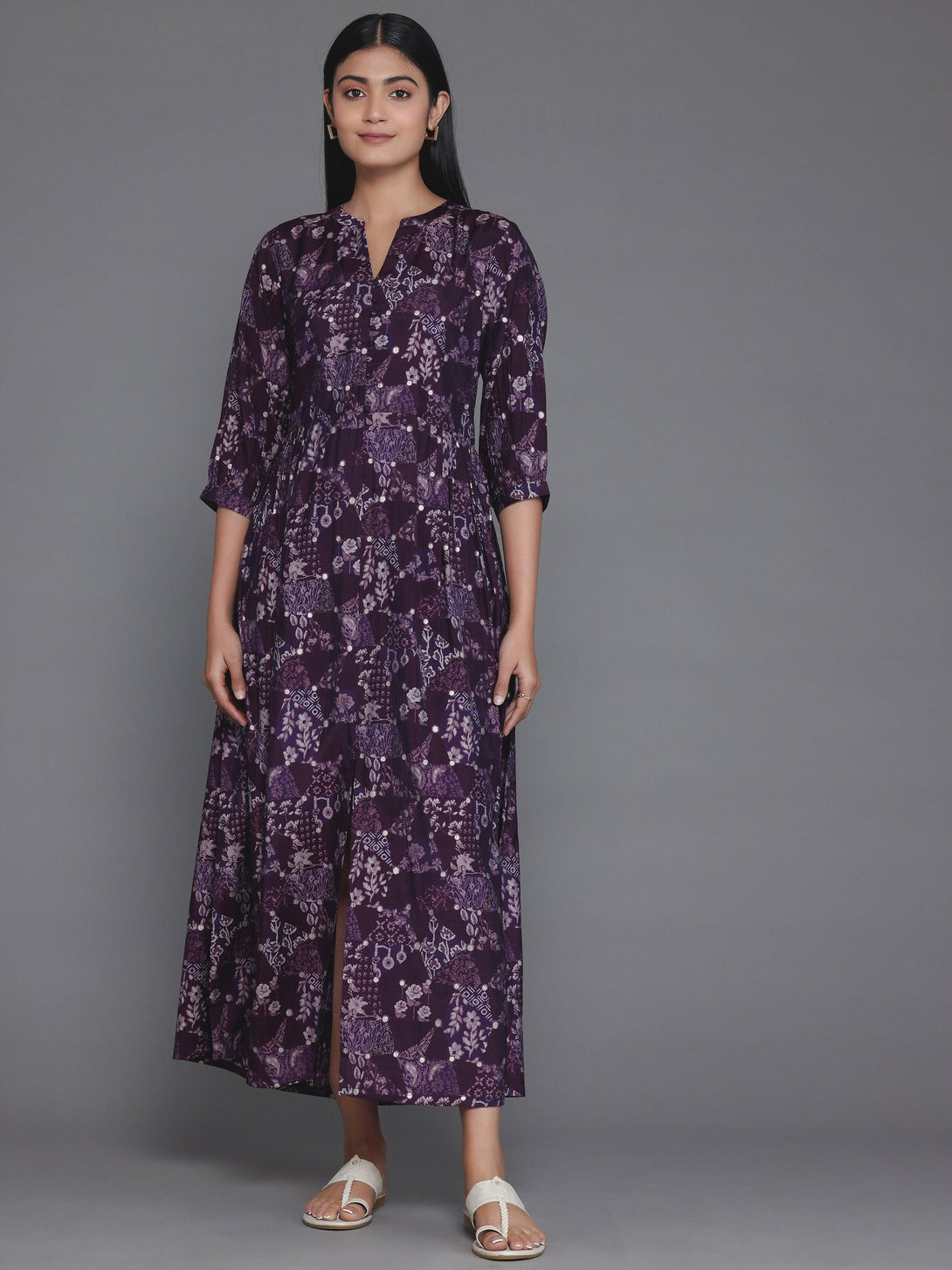 Purple Printed Silk Fit and Flare Dress - Jashvi