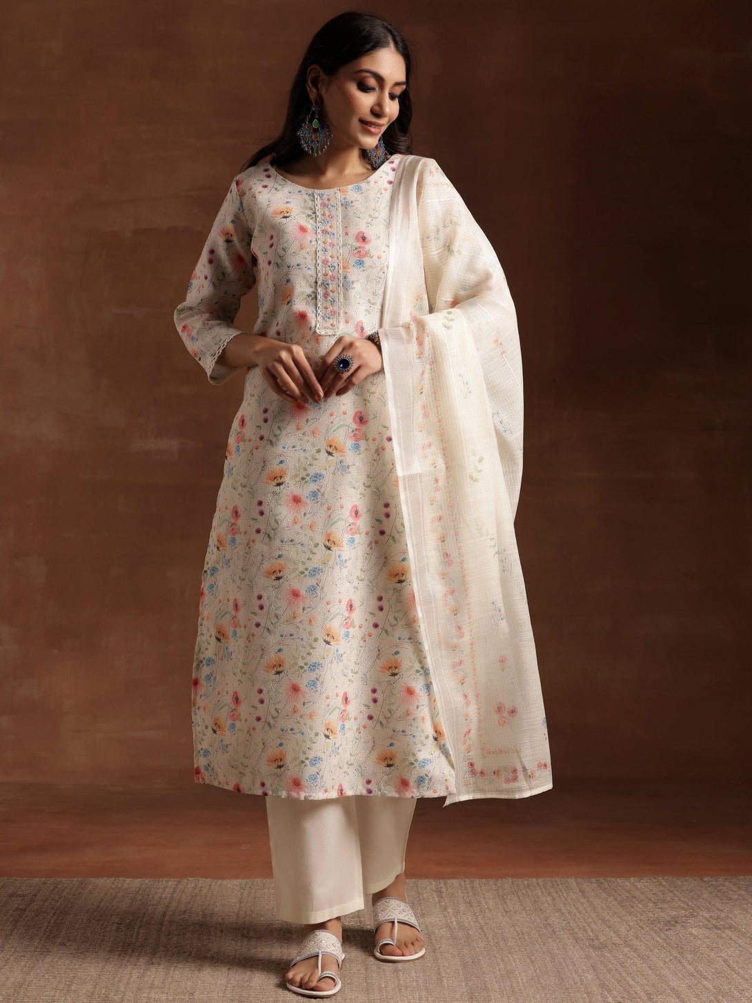 Cream Printed Cotton Straight Suit With Dupatta - Jashvi