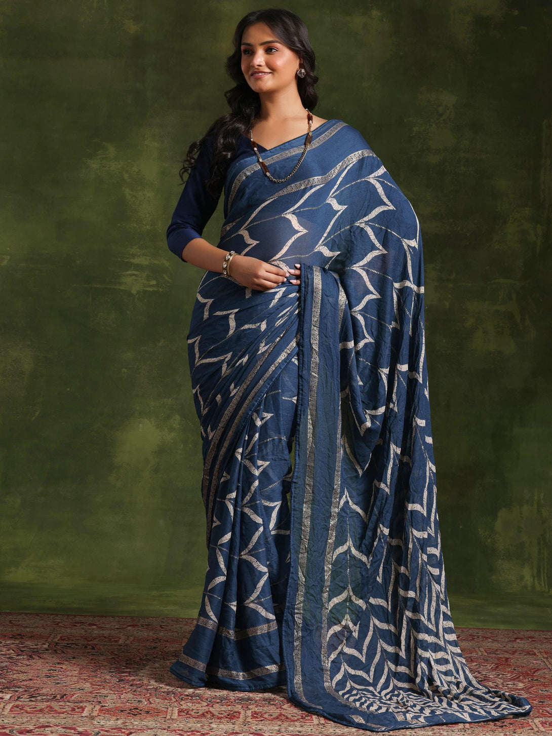 Blue Printed Poly Georgette Saree With Unstitched Blouse Piece - Jashvi