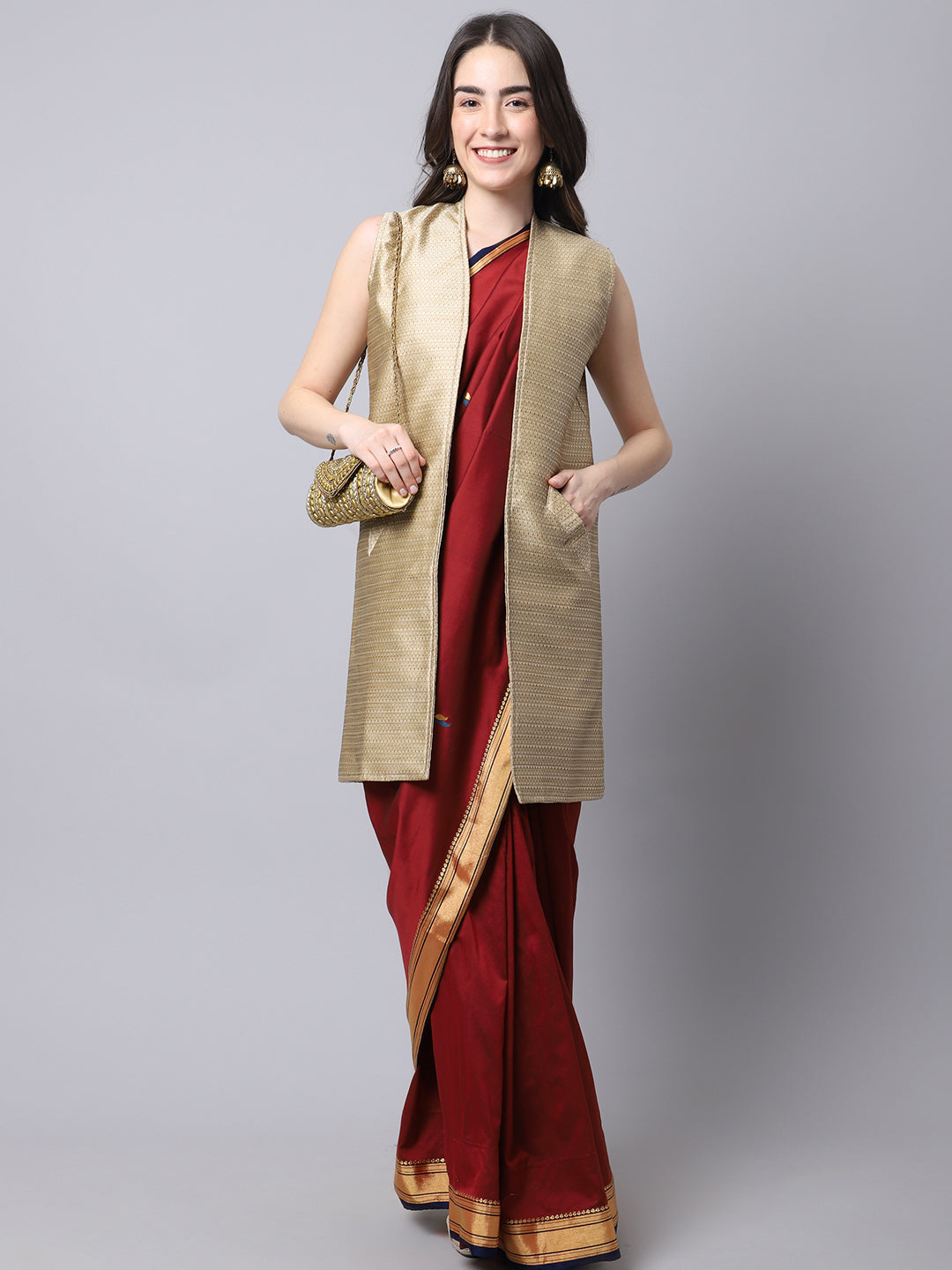 Women's Beige Open Front Long Coat  - Even Apparels