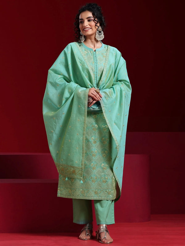 Jashvi Art Green Embroidered Chanderi Silk Straight Suit With Dupatta