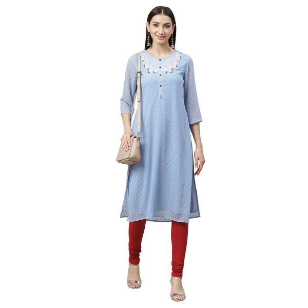 Women's Blue Dobby Chiffon Printed 3/4 Sleeve Round Neck Casual Kurta Only - Myshka