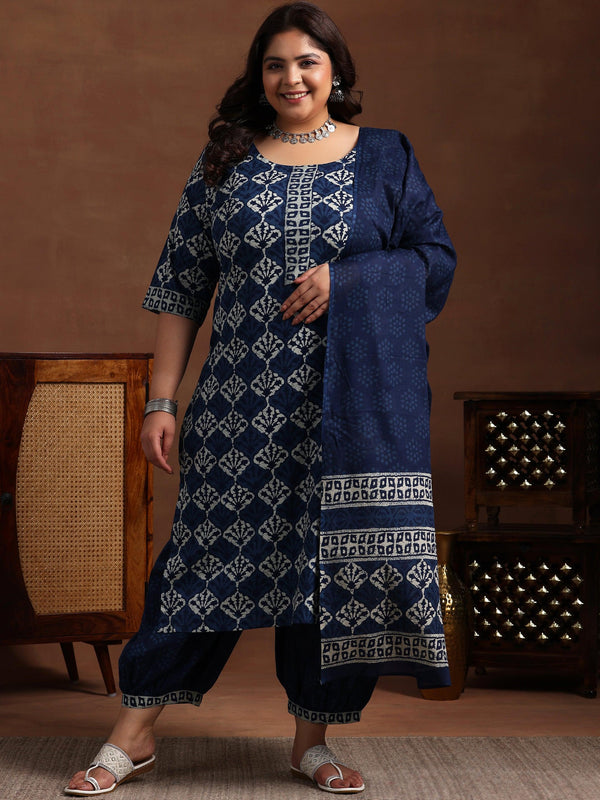 Plus Size Blue Printed Cotton Straight Suit With Dupatta