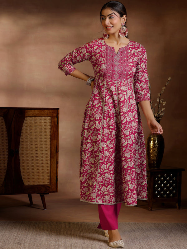 Pink Printed Cotton Anarkali Suit With Dupatta