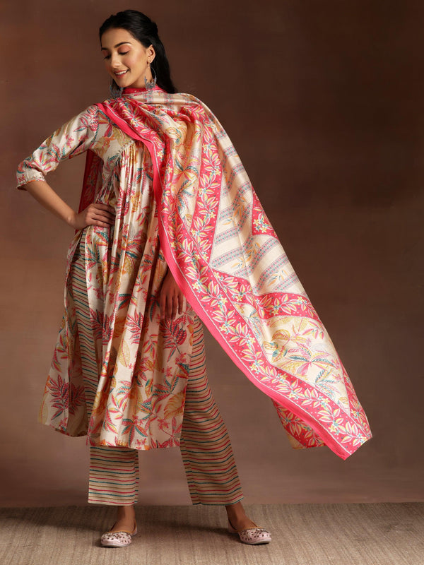 Off White Printed Silk Blend Straight Suit With Dupatta