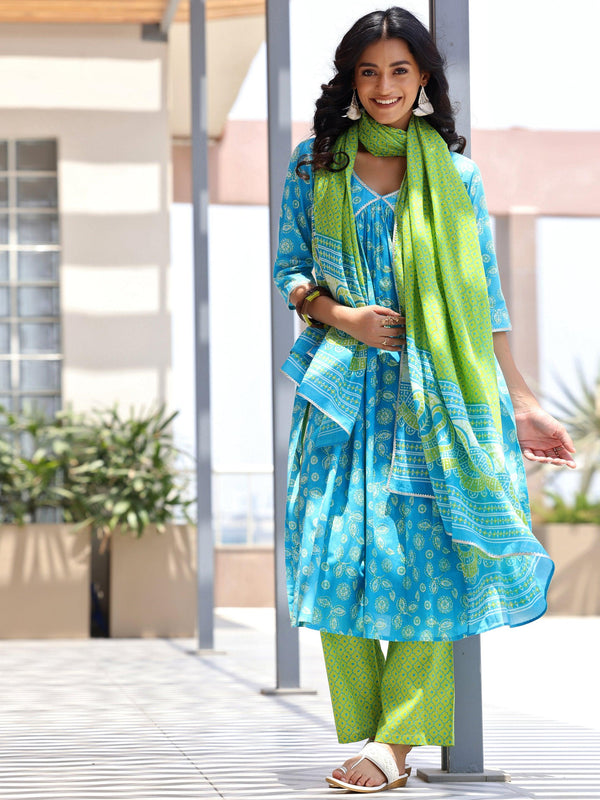 Blue Printed Cotton A-Line Kurta With Palazzos & Dupatta - Jashvi