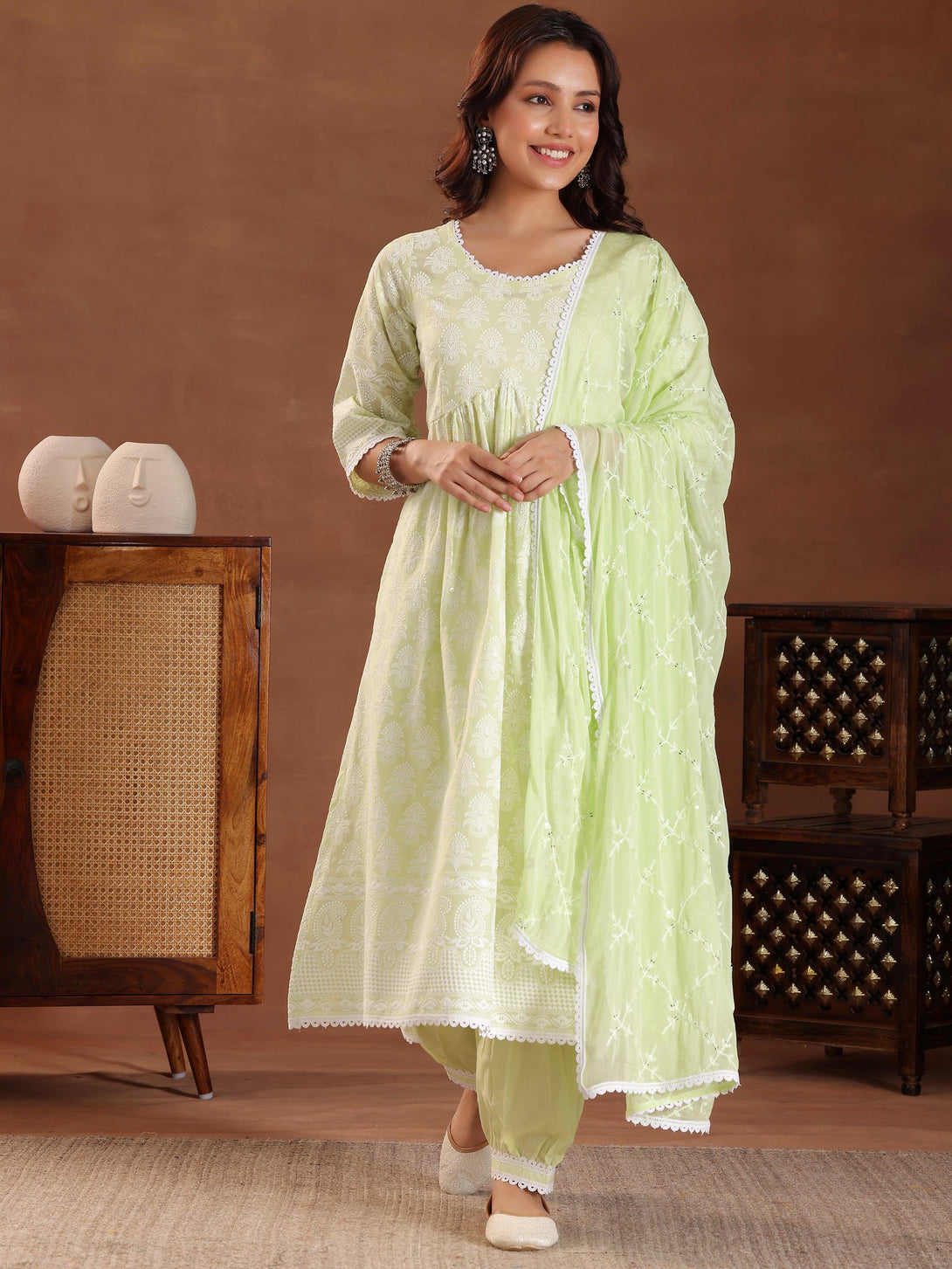 Green Embroidered Pure Cotton A-Line Kurta With Sharara & Dupatta - Jashvi