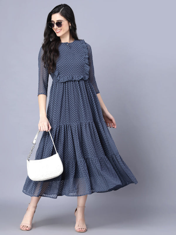 Women's Georgette Solid 3/4 Sleeve Round Dark Grey  Women Dress - Myshka