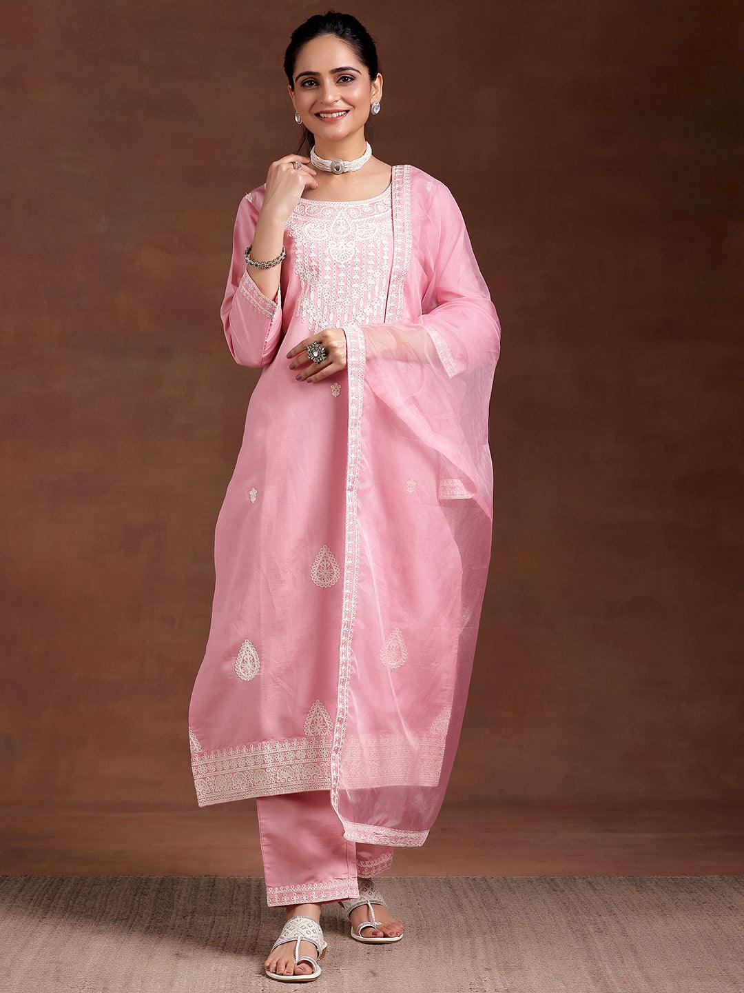 Pink Embroidered Silk Blend Straight Suit With Dupatta - Jashvi