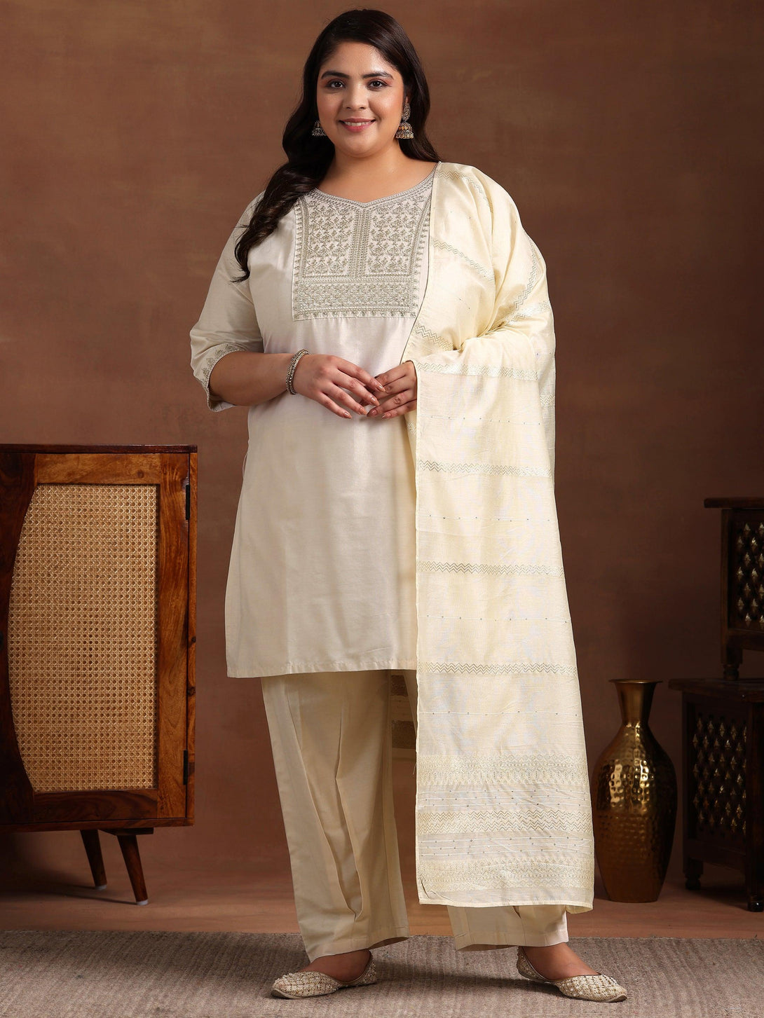 Plus Size Off White Yoke Design Silk Blend Straight Suit With Dupatta - Jashvi