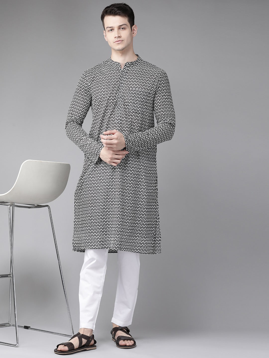 Men's Black And White Printed Straight Kurta - See Designs