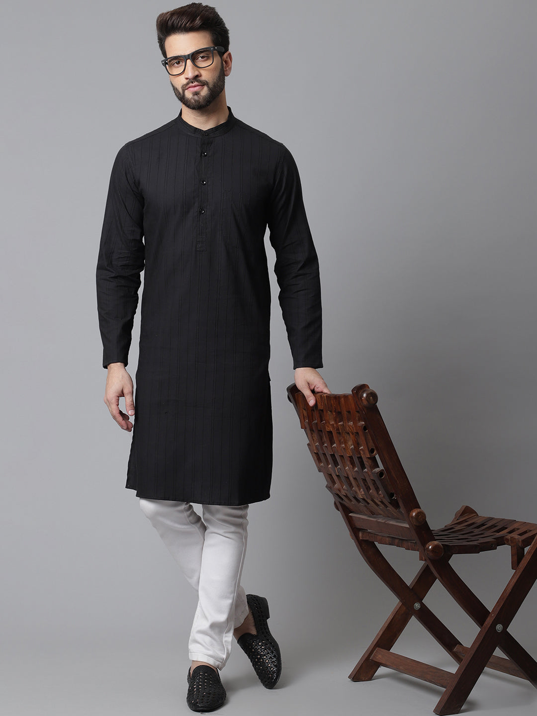 Men's Black Striped Kurta With Band Collar - Even Apparels