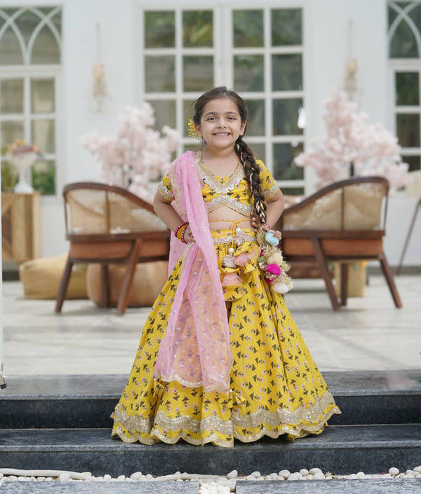 Girl's Yellow Printed Lehenga Choli And Organza Dupatta - Fayon Kids