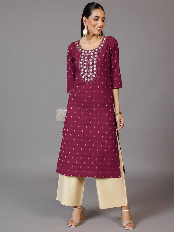 Maroon Embroidered Cotton Straight Kurta