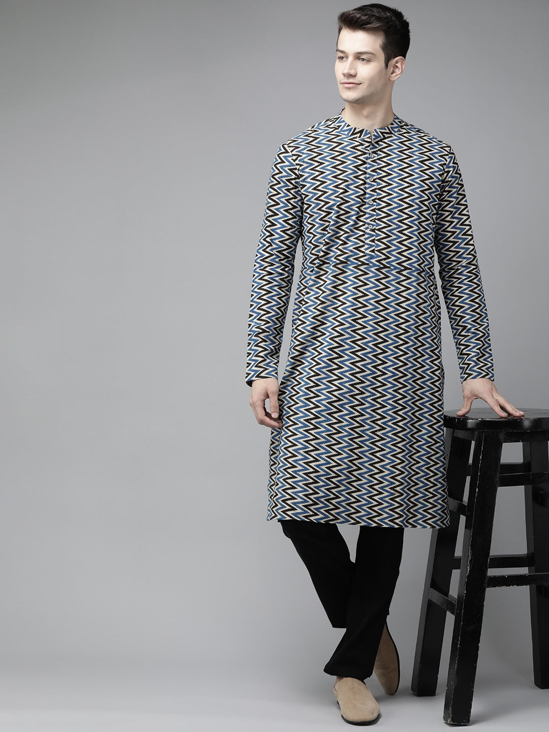 Men's Blue And Beige Kalamkari Block Printed Straight Sustainable Kurta - See Designs