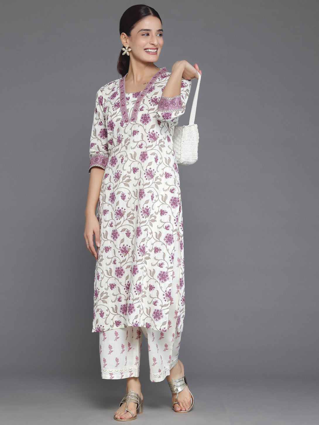 Off White Printed Cotton Straight Kurta - Jashvi