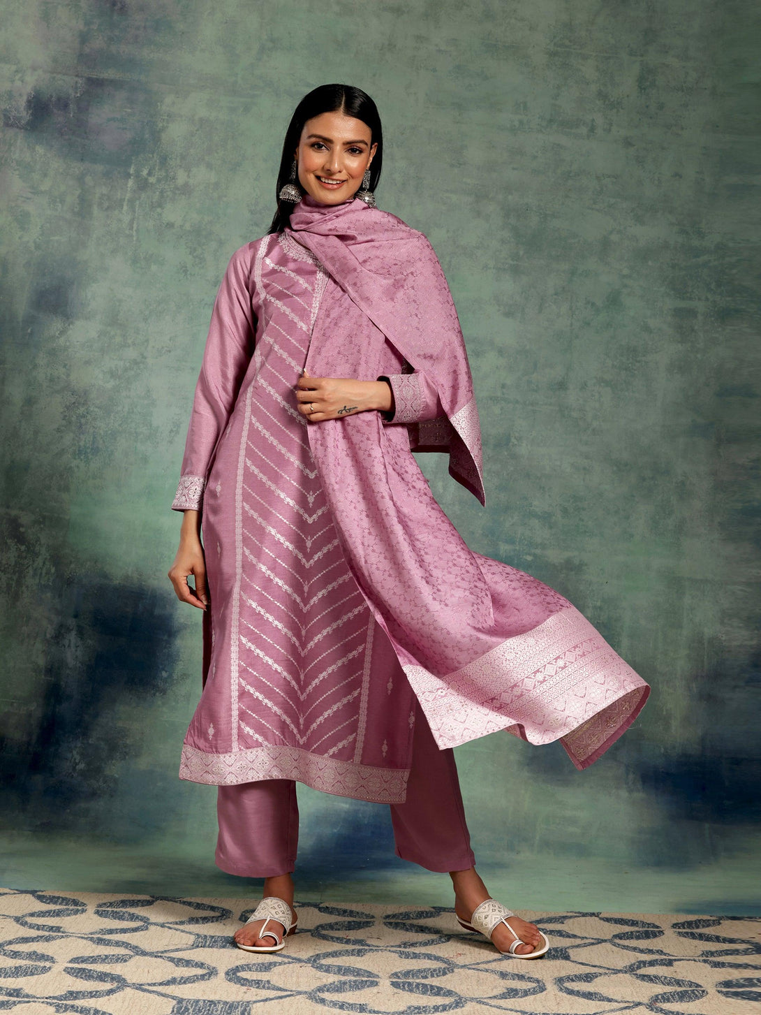 Lilac Woven Design Silk Blend Straight Suit With Dupatta - Jashvi