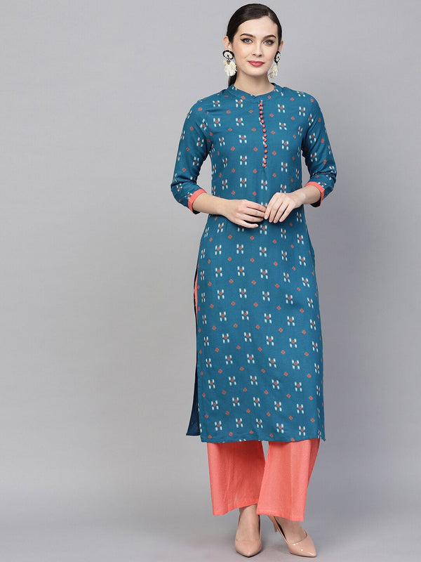 Women's  Teal Blue Printed Straight Kurta - AKS