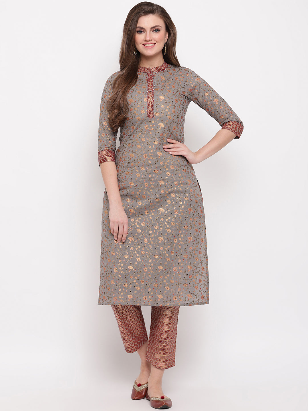 Women's Foil Print & Hand Work Straight Cotton Grey Kurti - Vbuyz