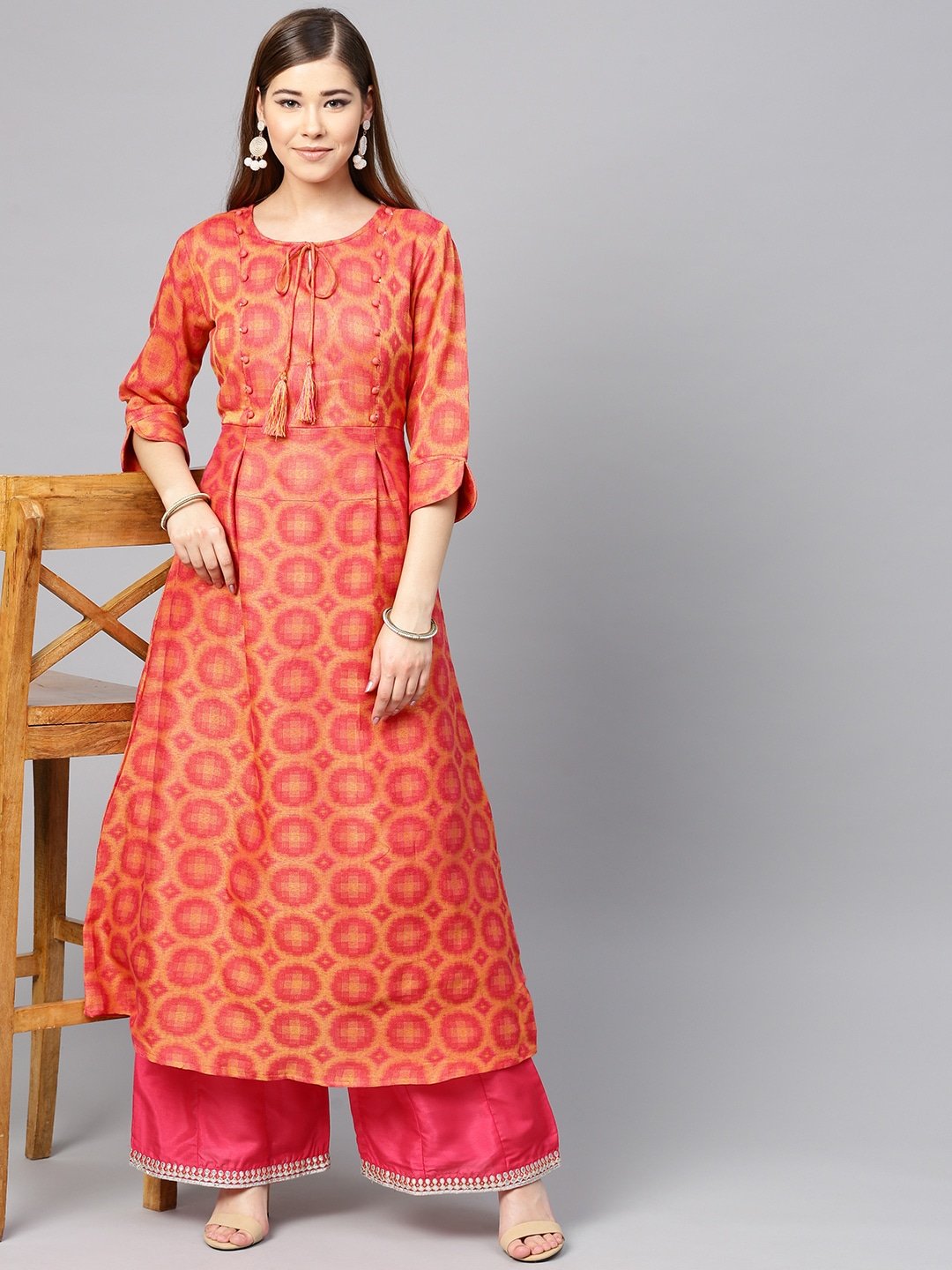 Women's Coral Pink & Yellow A-Line Kurta - Yufta