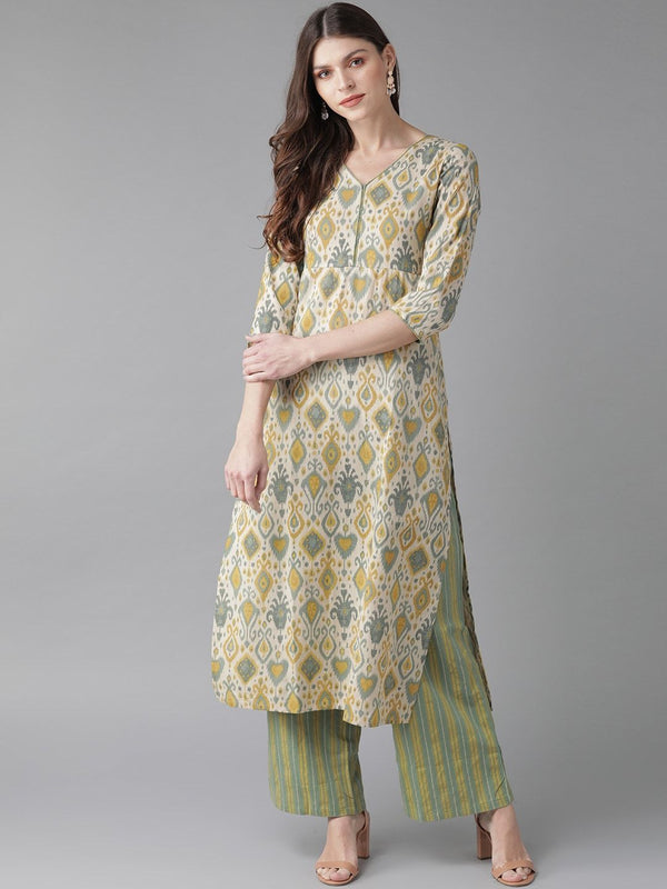 Women's  Beige & Green Printed Kurta with Palazzos - AKS