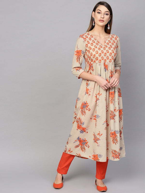 Women's  Beige & Orange Floral Printed A-Line Kurta - AKS