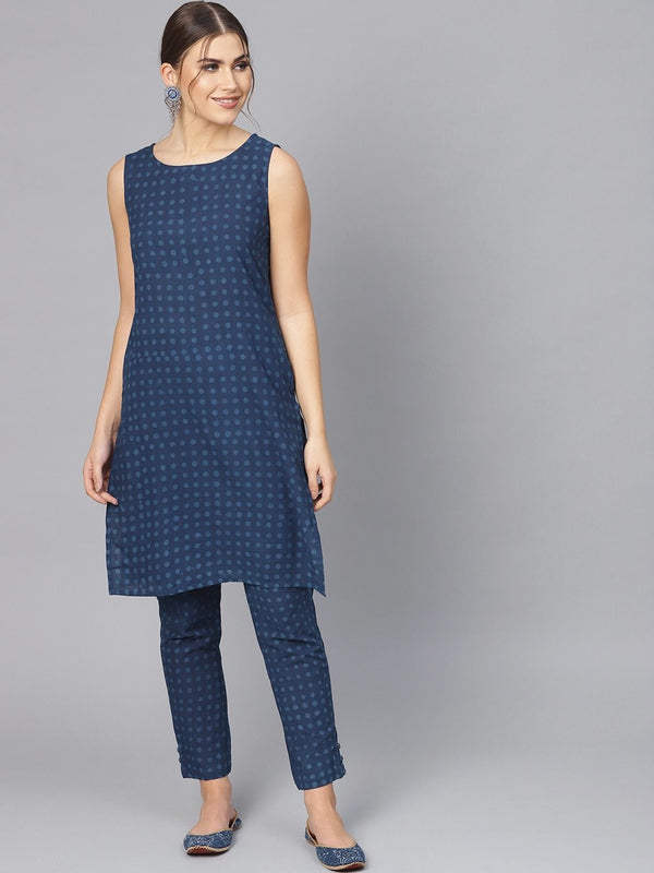 Women's  Navy Blue Printed Kurta with Trousers - AKS