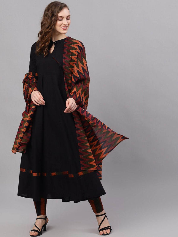 Women's  Black & Orange Solid Kurta with Trousers & Dupatta - AKS