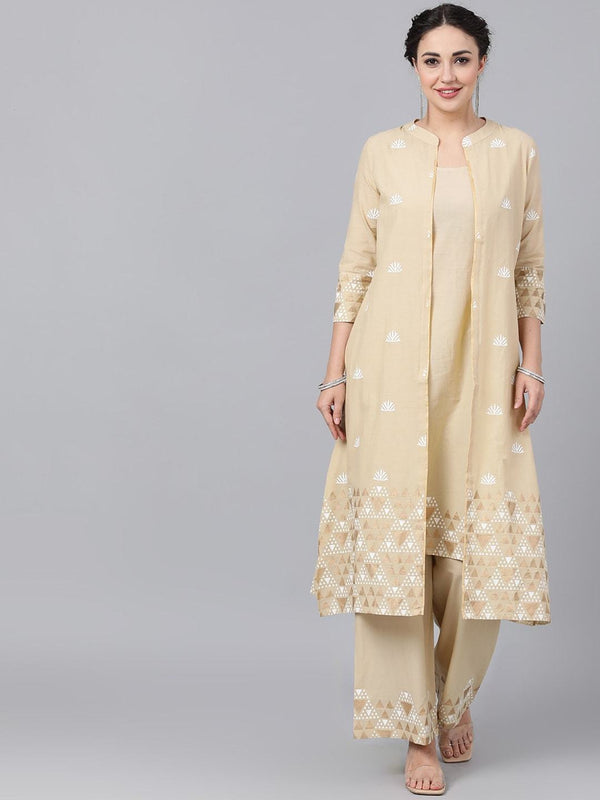 Women's  Beige Embroidered Kurta with Palazzos - AKS