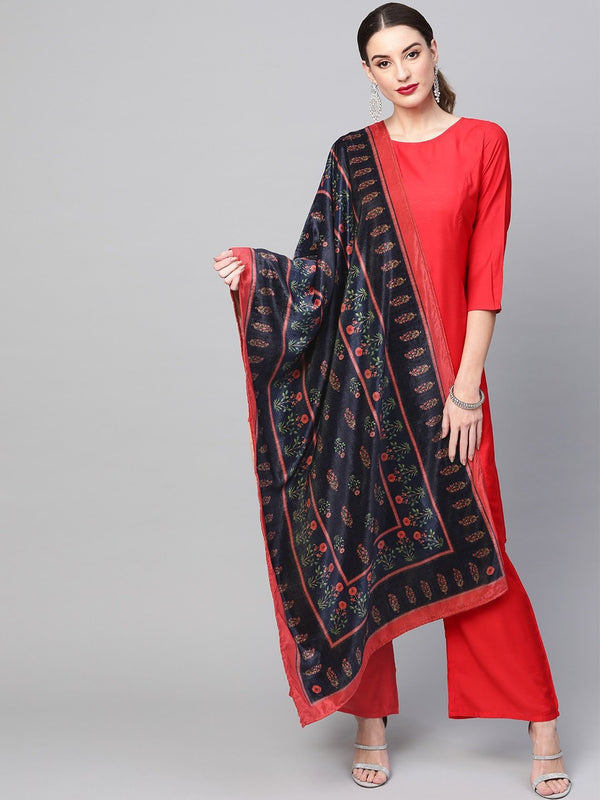 Women's Navy Blue Printed Velvet Dupatta - Aks