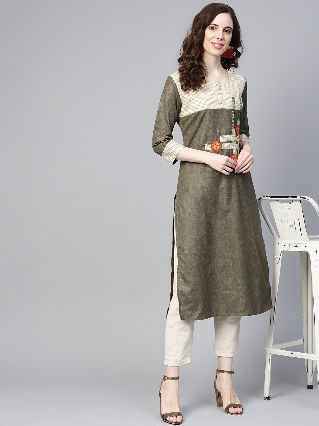 Women's Olive Green & Beige Solid Kurta - Yufta