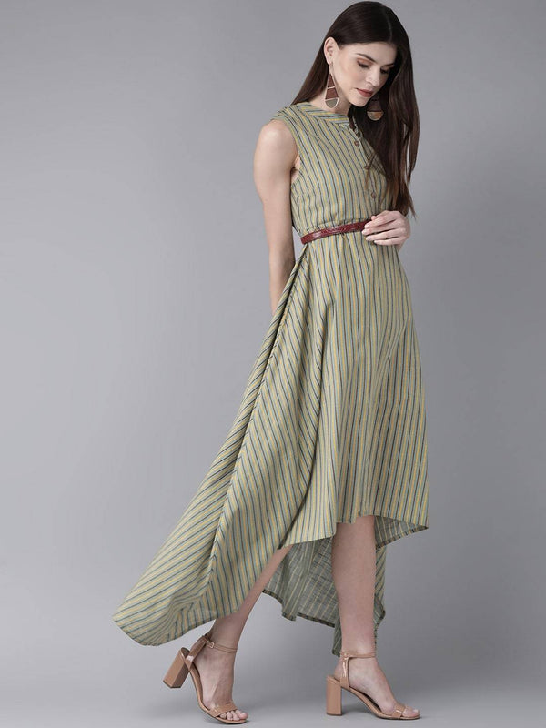 Women's  Green & Yellow Striped Maxi Dress - AKS