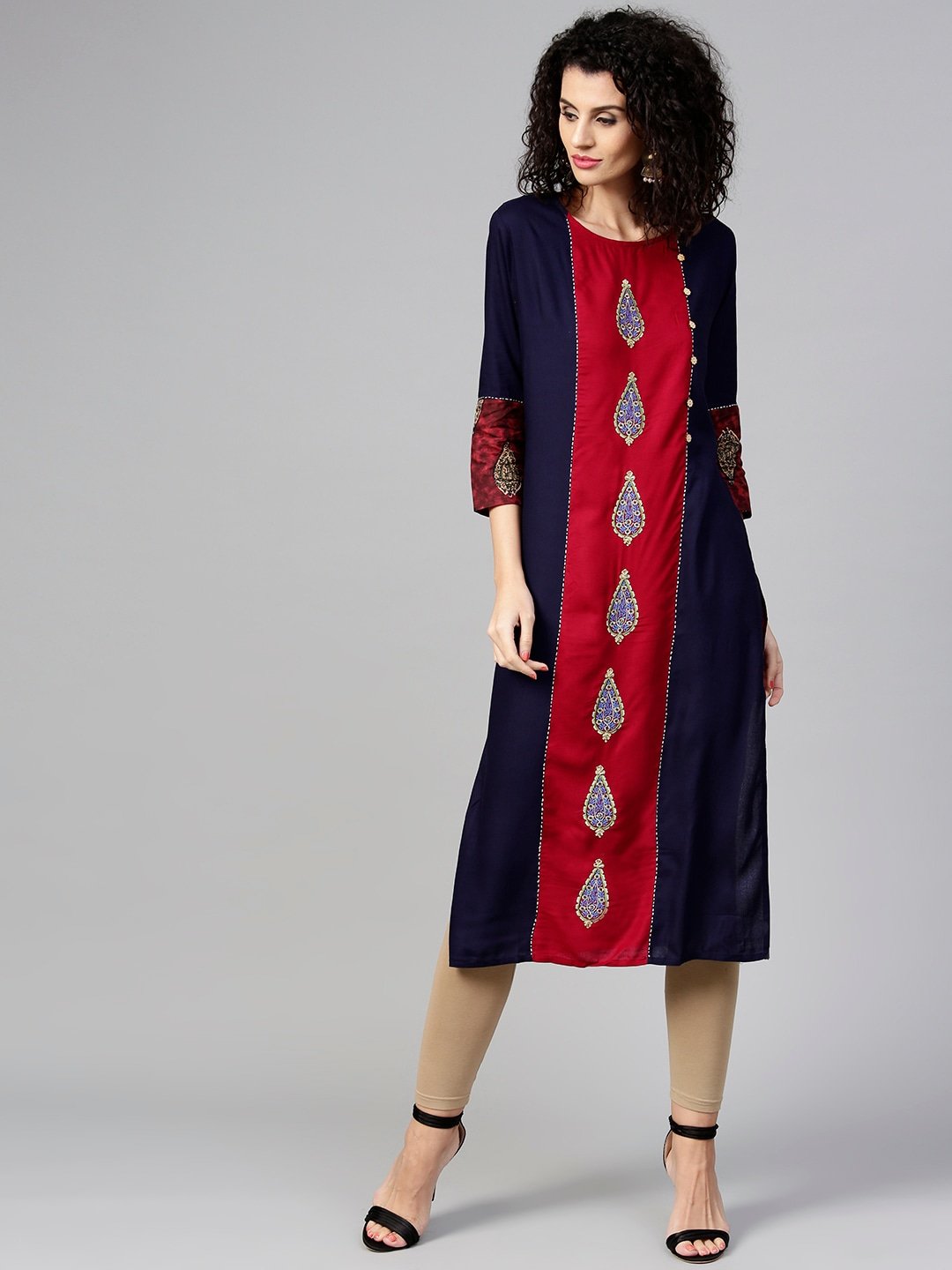 Women's Maroon & Navy Blue Printed Kurta - Yufta