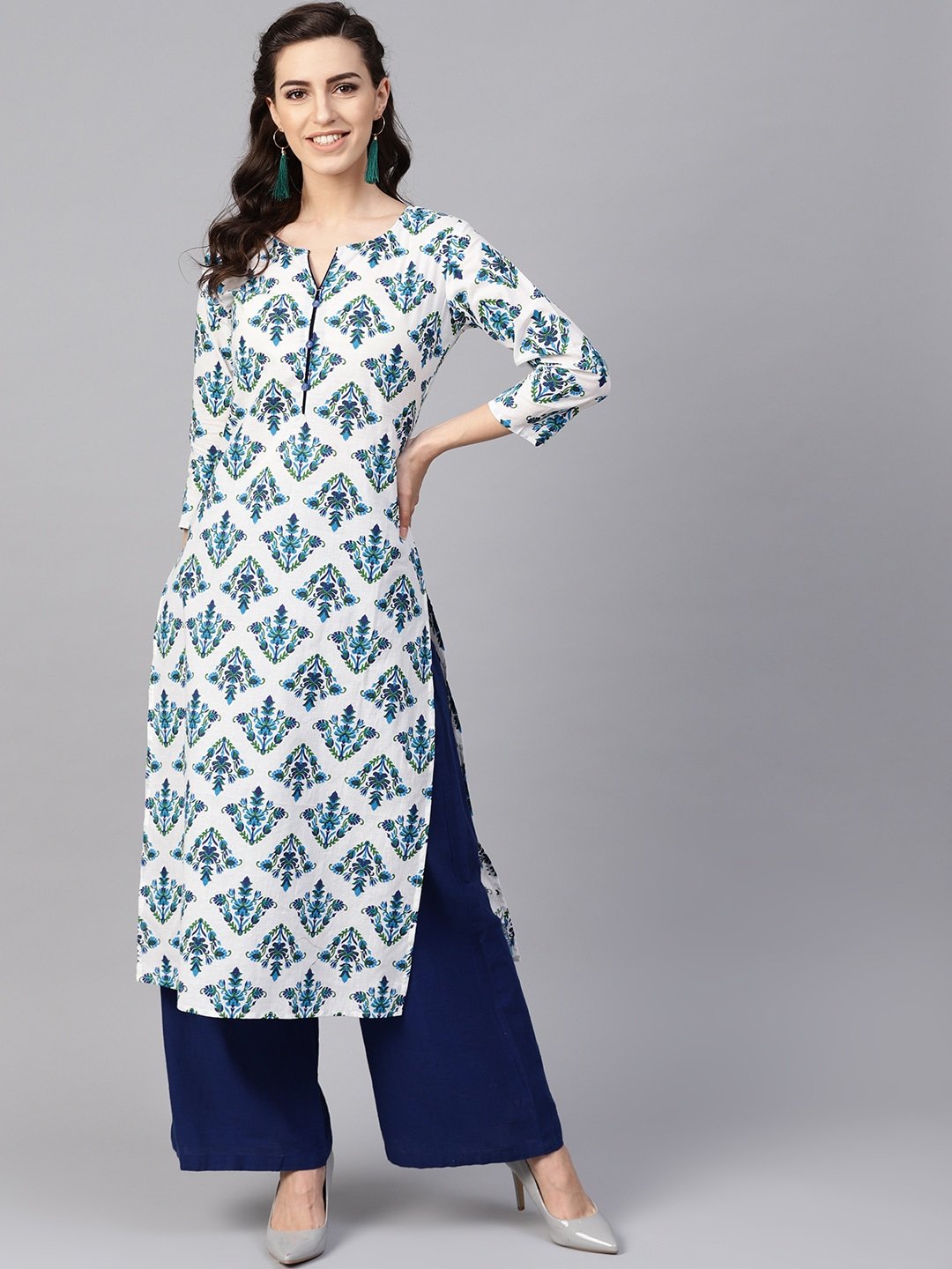 Women's White & Blue Straight Kurta - Yufta