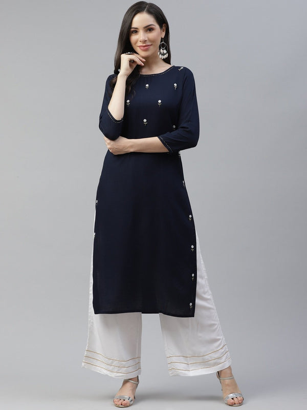 Women's Navy Blue Embroidered Kurta - Yufta