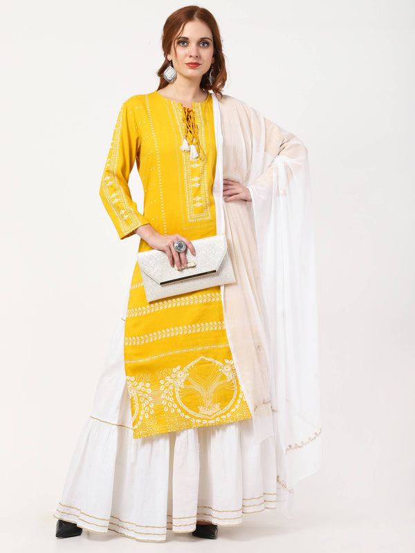 Women's Mustard & White Cotton Kurta With Skirt & Embroidered Dupatta Set - Cheera