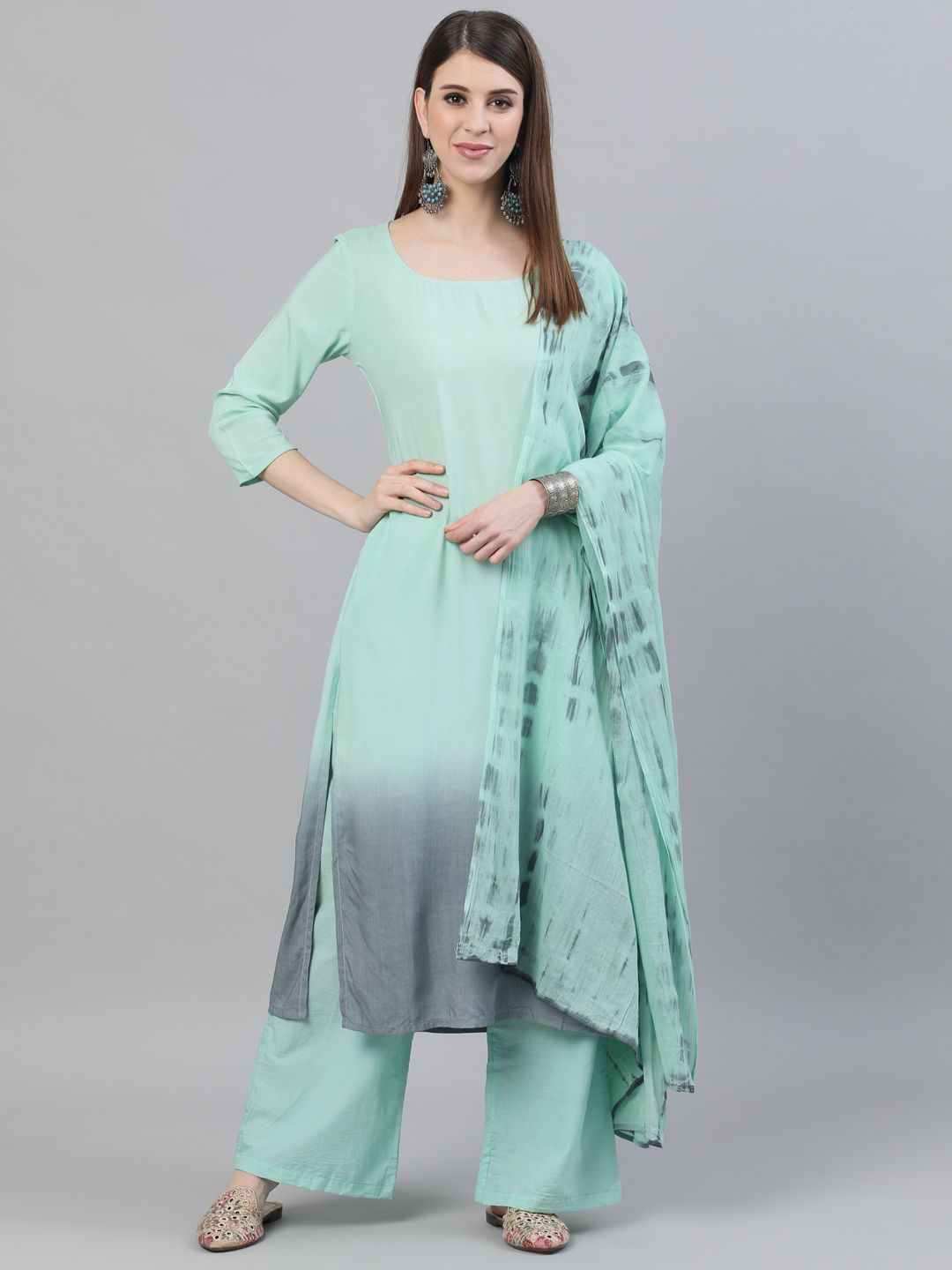 Women's Green & Grey Ombre Printed A-Line Kurta With Pant & Dupatta Set - AKS