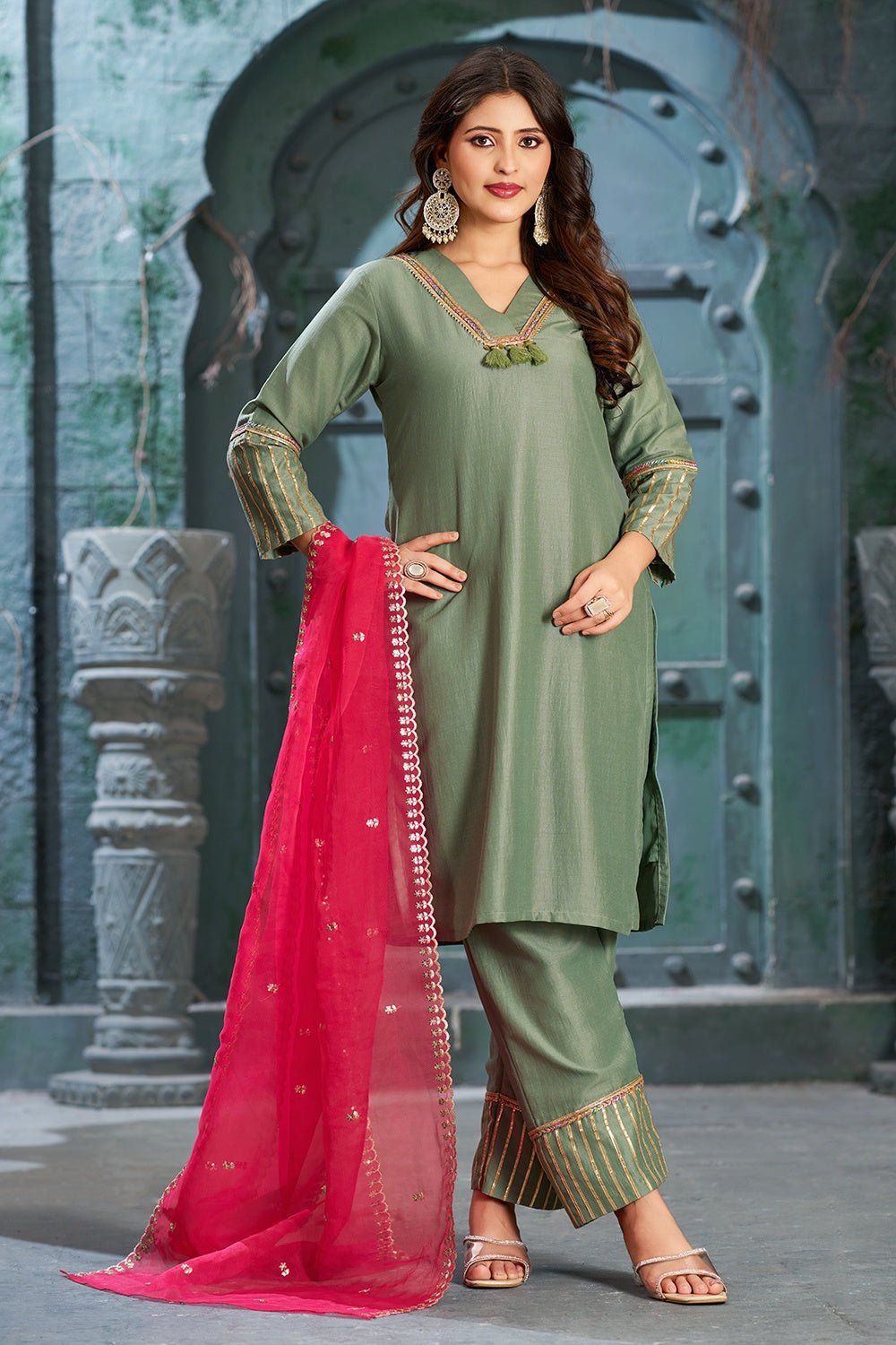 Women's Frog Green Art Silk V-Neck Kurta Set With Trouser And Dupatta - Curvy Lane