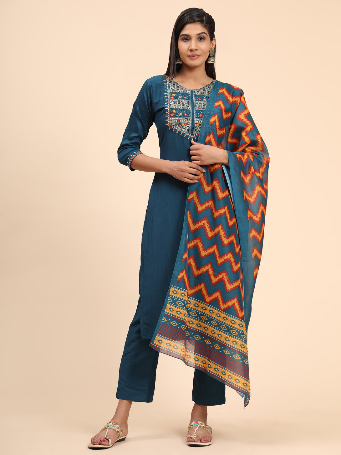 Women's Embroidered Straight Chinon Blue Stitched Kurta Pant With Dupatta - Vbuyz