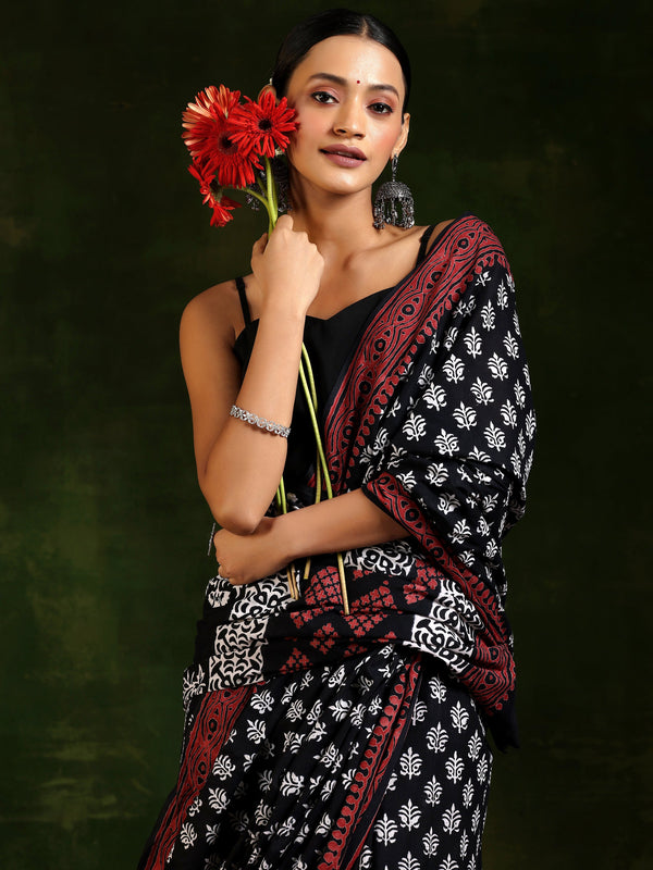 Black Printed Cotton Saree With Unstitched Blouse Piece