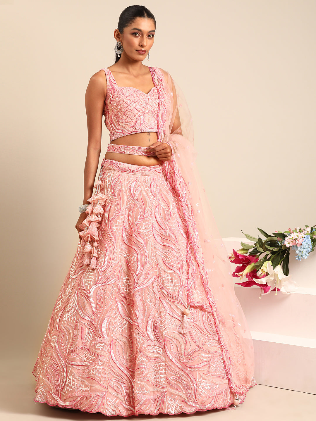 Women's Coral Pink Net Sequins And Zarkan Embroidery  Lehenga Choli & Dupatta - Royal Dwells