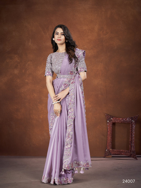 Lavendar Crepe Satin Silk Embroidered Saree with stitched Blouse