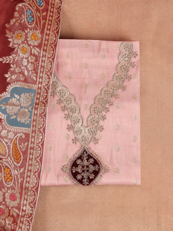 Peach Embroidered Silk Blend Dress Material With Dupatta