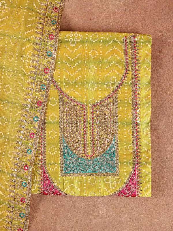 Yellow Printed Silk Blend Dress Material With Dupatta